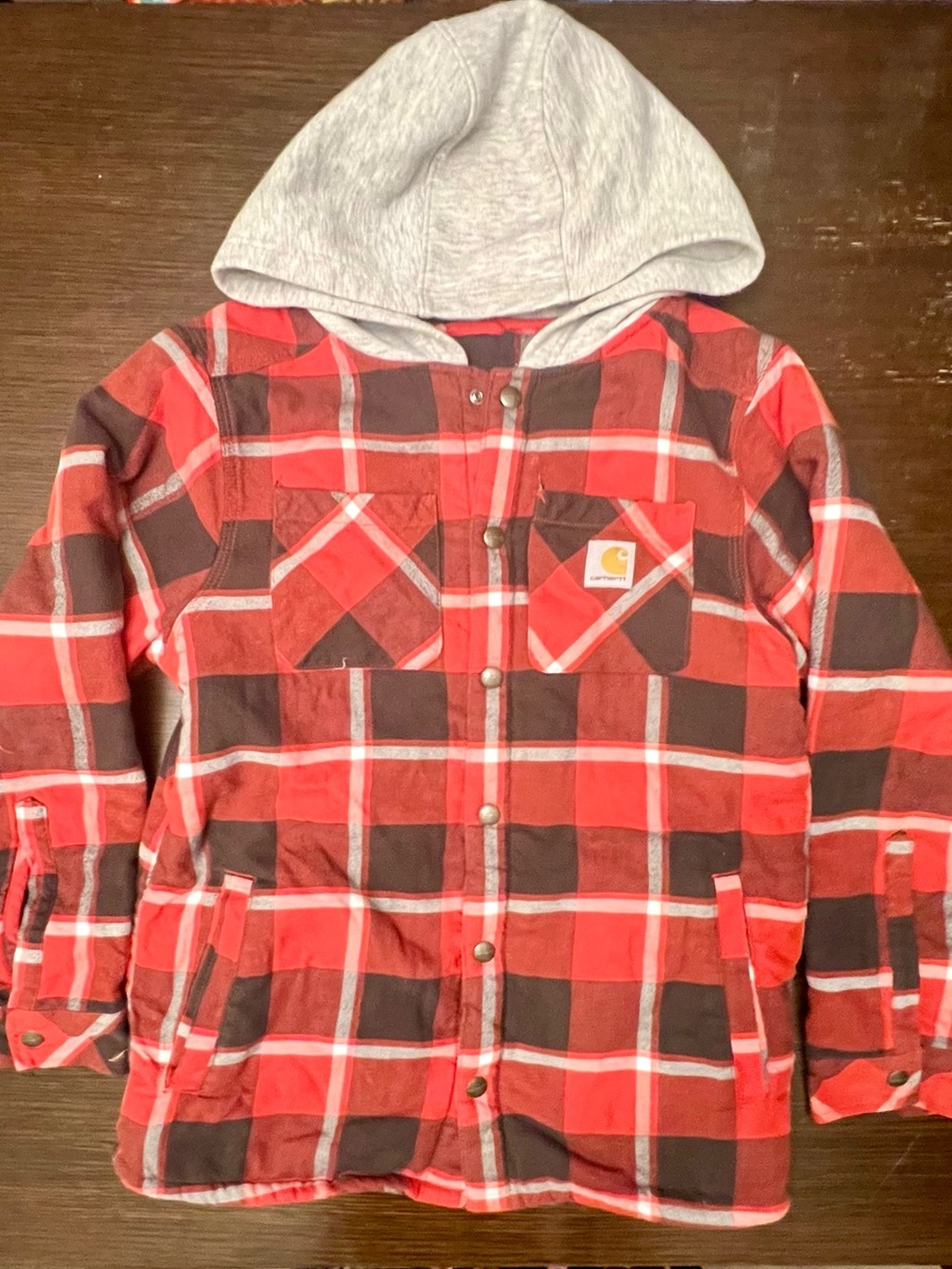 Carhartt L 14/16 Sherpa Lined Hooded Flannel Shirt Jacket Red Plaid Snap Front